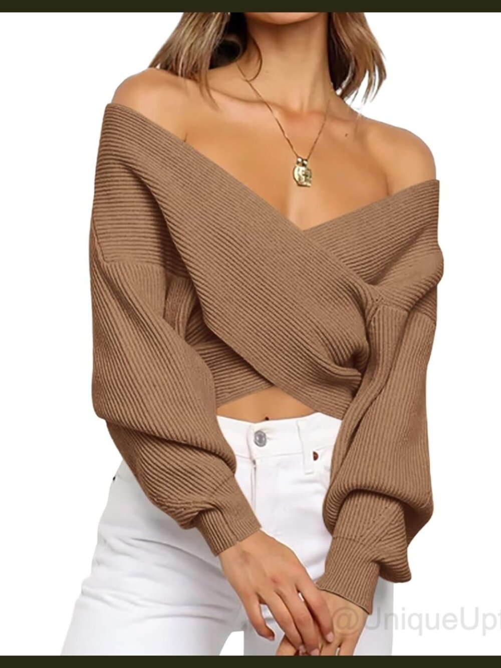 Off Shoulder Lantern Sleeve Ribbed Knit Wrap V Neck Cropped Sweater